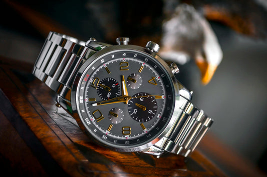 Military Heritage Aviator Chronograph – Slate Grey Dial with Gold Accents & Steel Bracelet